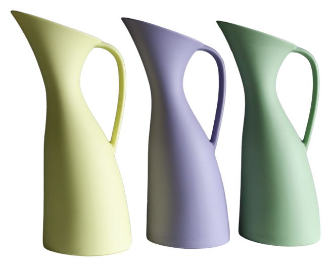 Three Swan Pitchers in lemon, lilac and sage green